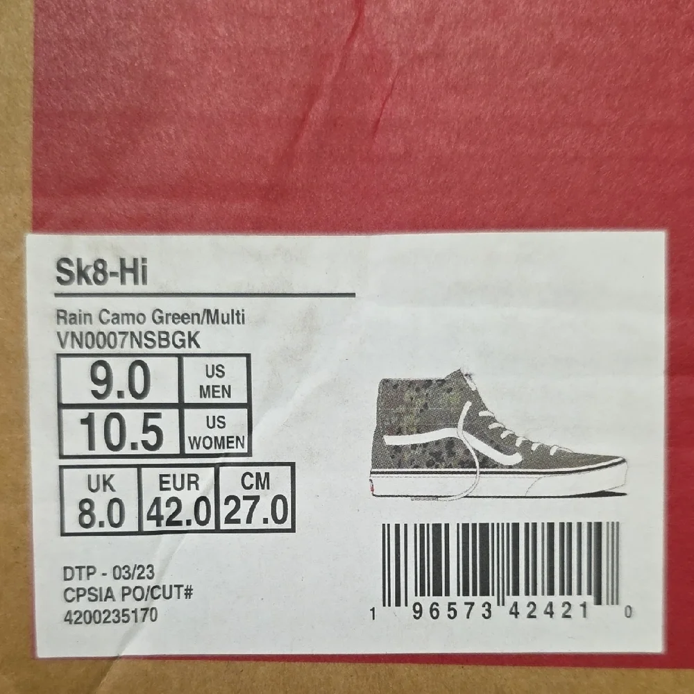 Vans Sk8 Hi Rain Camo Green Men’s 9 Women’s 10.5 New